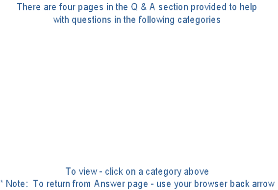 There are four pages in the Q & A section provided to help 
with questions in the following categories











To view - click on a category above
* Note:  To return from Answer page - use your browser back arrow