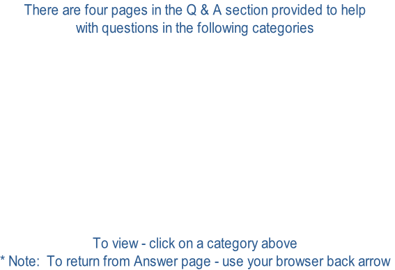 There are four pages in the Q & A section provided to help 
with questions in the following categories











To view - click on a category above
* Note: To return from Answer page - use your browser back arrow